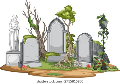 Ilustração vetorial de cemitério abandonado com lápides de musgo, raízes de árvores, bicicleta e poste de lâmpada