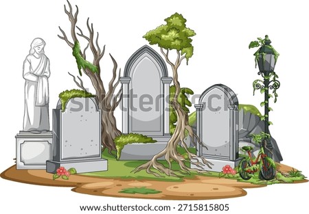 Vector illustration of abandoned graveyard with mossy tombstones, tree roots, bicycle, and lamppost