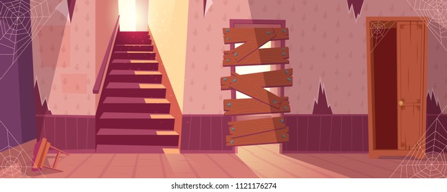 Vector illustration of abandoned house with torn wallpapers. Desolate building with staircase, wooden broken closet. Home inside with spider web, dust. Front view of stairs with in maroon colors.