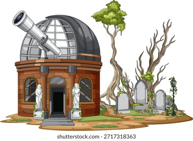 Vektorgrafik eines verlassenen Observatoriums mit Teleskop, Statuen, Grabsteinen und verwinkelten Bäumen auf weißem Hintergrund