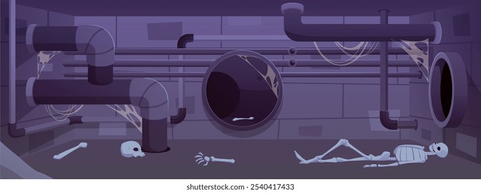 Vector illustration of abandoned sewer with a human skeleton on a dirty cobweb-covered background. The bones of the arm and leg are sticking out of the drain pipe.