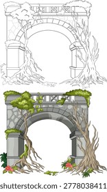 Vector illustration of abandoned stone archway with twisted roots, moss, foliage, and clean line art
