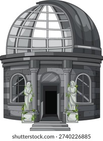 Vector illustration of abandoned stone observatory with glass dome, ivy-covered statues, and dark doorway