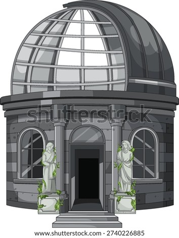 Vector illustration of abandoned stone observatory with glass dome, ivy-covered statues, and dark doorway