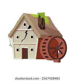 Vector illustration of an abandoned water mill on an isolated background. A dilapidated cracked and overgrown house with a broken water wheel. Old building. Cartoon style.