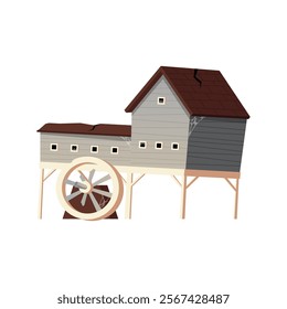 Vector illustration of abandoned water mill on piles. Cracked old building with broken water wheel and spider web. Ancient architecture. Medieval technology. Cartoon style. Isolated background.