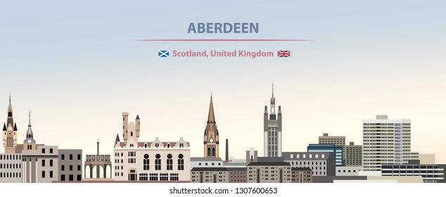 Vector illustration of Aberdeen city skyline on colorful gradient beautiful day sky background with flags of Scotland and United kingdom 