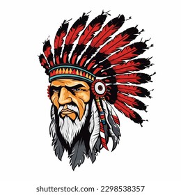 Vector illustration of aborogin apache native american indian face with feather hat traditional ethnic culture