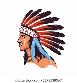 Vector illustration of aborogin apache native american indian face with feather hat traditional ethnic culture