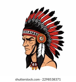 Vector illustration of aborogin apache native american indian face with feather hat traditional ethnic culture