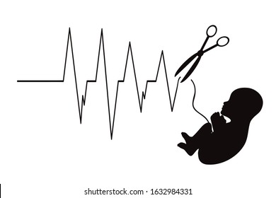 Vector illustration of abortion fetus with heart beat on white background. Sign of premature birth and miscarriage.