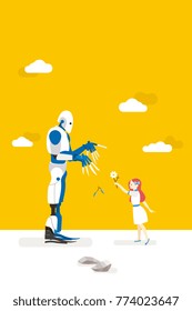 vector illustration about artificial intelligence and his risks. 
A little innocent girl interacts with a gardener robot and offers him a flower