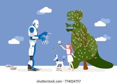 vector illustration about artificial intelligence and it risks. 
A little innocent girl interacts with a gardener robot and offers him a flower