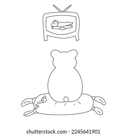 Vector illustration about bear watching tv program. Superhero and coffee spilled include the picture.
