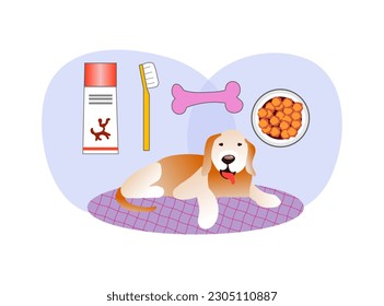 Vector illustration about the benefits of caring for the teeth of dogs. Satisfied dog, toothbrush and paste.Oral hygiene for dogs.  Dental care images. Gum disease prevention.  Dental care