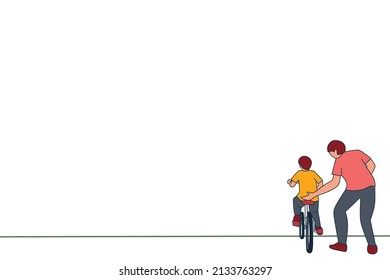 Vector Illustration About Boy Learning To Ride A Bike With Dad. Never Give Up To Learn. Father's Love For Sons With Flat Design For Presentation