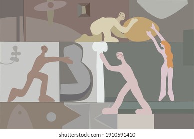 Ilustración vectorial de los reservorios cerebrales, construcción de relaciones, formación de diálogos y otras acciones constructivas