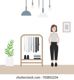 Vector illustration about capsule wardrobe. Modern flat picture of a girl and wooden cloth rack in minimalistic room with flower in a pot. Scandinavian design on white isolated background.