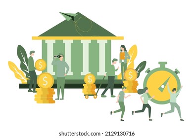 Vector illustration about central bank building concept, saving money safely, financial industry, pile of money, bankrupt, flat graphic design for website, banner and flyer.