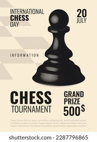 Vector illustration about chess tournament, match, game. 3D pawn is a chess piece. Use as advertising, invitation, banner, poster. 
