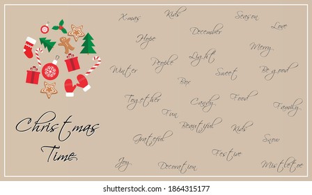 Ilustración vectorial sobre la época de Navidad. Fondo beige y varias palabras clave relacionadas con la Navidad. Tarjeta de Navidad. Las vacaciones se acercan