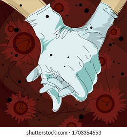 
Vector illustration about Covid-19 virus. Human hands in medical gloves. Concept of protection and strength together.