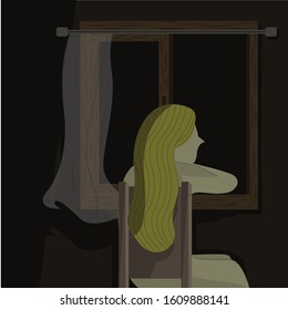 Vector illustration about Daydreaming facing the window at night. Look at the night sky