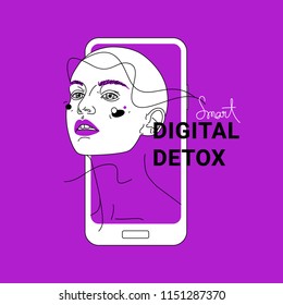 Vector illustration about digital detox. Young woman protecting herself from information