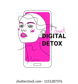 Vector illustration about digital detox. Young woman protecting herself from information