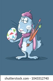 It's a vector illustration about an Easter bunny dressed as a french artist and holding a decorated egg