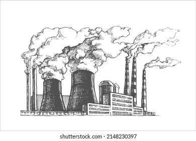 Vector illustration about environmental problems. Hand drawn sketch of a factory with smoking pipes polluting the air.