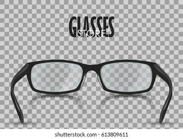 Vector illustration about eyesight. Black stylish realistic glasses close-up isolated. For poster, adv, web template.