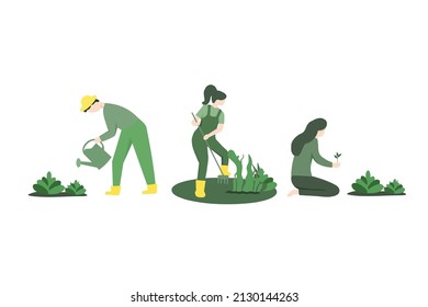 Vector Illustration about farming activity set. water plants,planting, prying the ground with a fork. happy family gardening flat design for website, flyer and presentation