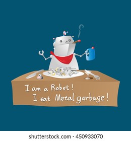 Vector illustration about a fat Robot eating metal garbage 