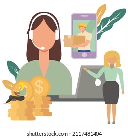 Vector Illustration about female call center clerk serving customers online, the background of online delivery coming out of the mobile phone, woman sitting on a pile of dollar coins reading book.