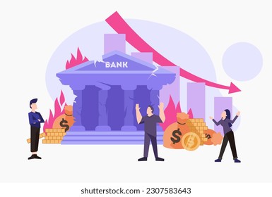 Vector illustration about financial problems and banking crisis. The bank collapses and loses money. Vector lustration in flat style