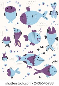 a vector illustration about a lot of fish, a simple plan background about cartoon imaginative fish