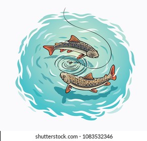 Vector illustration about fly fishing, trout swim around the bait.