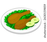 vector illustration about fried chicken, lettuce and cucumber on the plate
