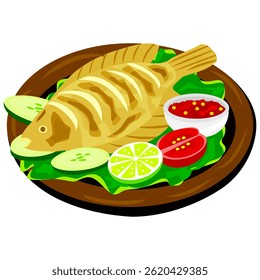 vector illustration about fried gourami with vegetables and chilli sauce.