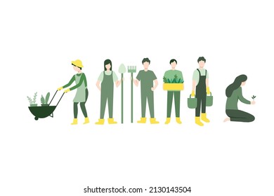 Vector Illustration about a group of young people whose hobby is farming. each holding a tool. Happy Farming concept. flat design for website, flyer and presentation
