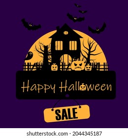 Vector illustration about Halloween sale. Haunted house near bats, pumpkins, and ghosts