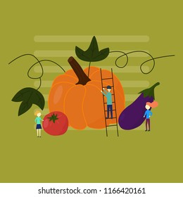 Vector illustration about harvest with tiny people suitable for Web Landing Page, Wallpaper, Book Illustration and Other Related Creative