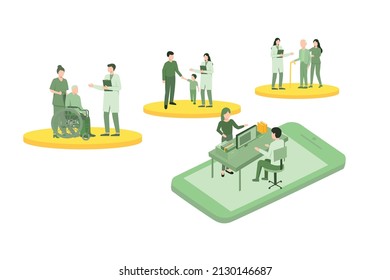 Vector illustration about healthcare and technology concept. Doctors and nurses taking care of the patients and connecting together. Hospital Digital Process