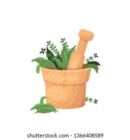 
vector illustration about herbal treatment with a mortar with herbs