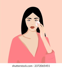 Vector illustration about home skin care for face and body. A brunette in home clothes and a towel washes her makeup. I took it about the skin of my face. Woman and beauty treatments at home.