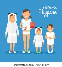 Vector illustration about hygiene - children after the bathroom