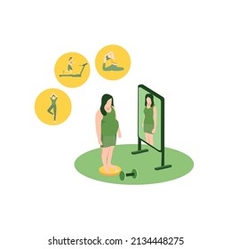 ilustración vectorial de la planificación de alimentos saludables y dietas isométricas. La mujer gorda mira con un espejo y se presenta delgada, el sueño de perder peso con diseño plano para sitio web, banner, volante