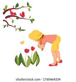 Vector illustration about joy of gardening. The girl is fascinated by the view of flowers she has grown herself. It is joyful to watch the beauty of the plant and be personally fullfilled.