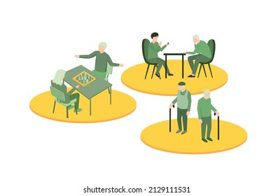 Vector illustration about Life of elderly people concept. play chess,two grandpa, grandpa discussing with grandson. flat design for website, banner, and flyer